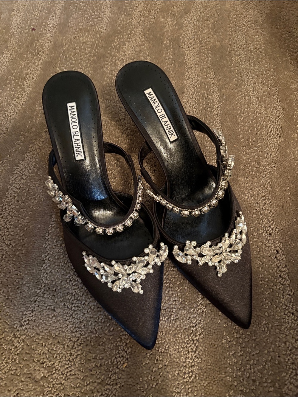 Stunning Manolo Blahnik Black Crystal-Embellished Pointed-Toe Mules